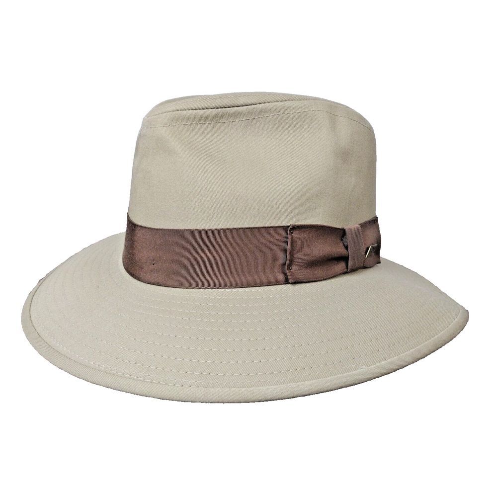 Vintage Indiana Jones Safari Hat Khaki Brown SZ LARGE Ribbon Band - Made in USA